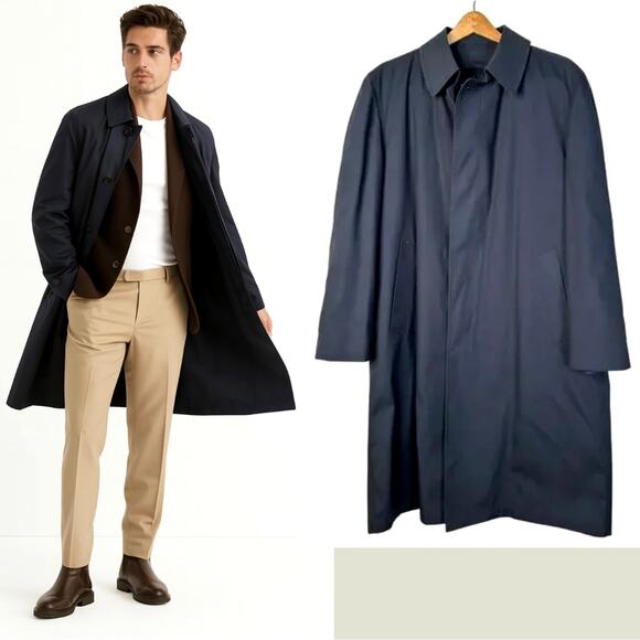 London Fog Men's 42S Classic Trench Coat Thinsulate Long Rain Jacket Navy Blue - Picture 1 of 11